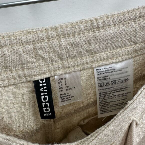 H&M Beige Linen Blend 2 Piece Pant Set Ruche Tie Front Top Wide Leg Size XS/S - Picture 14 of 15